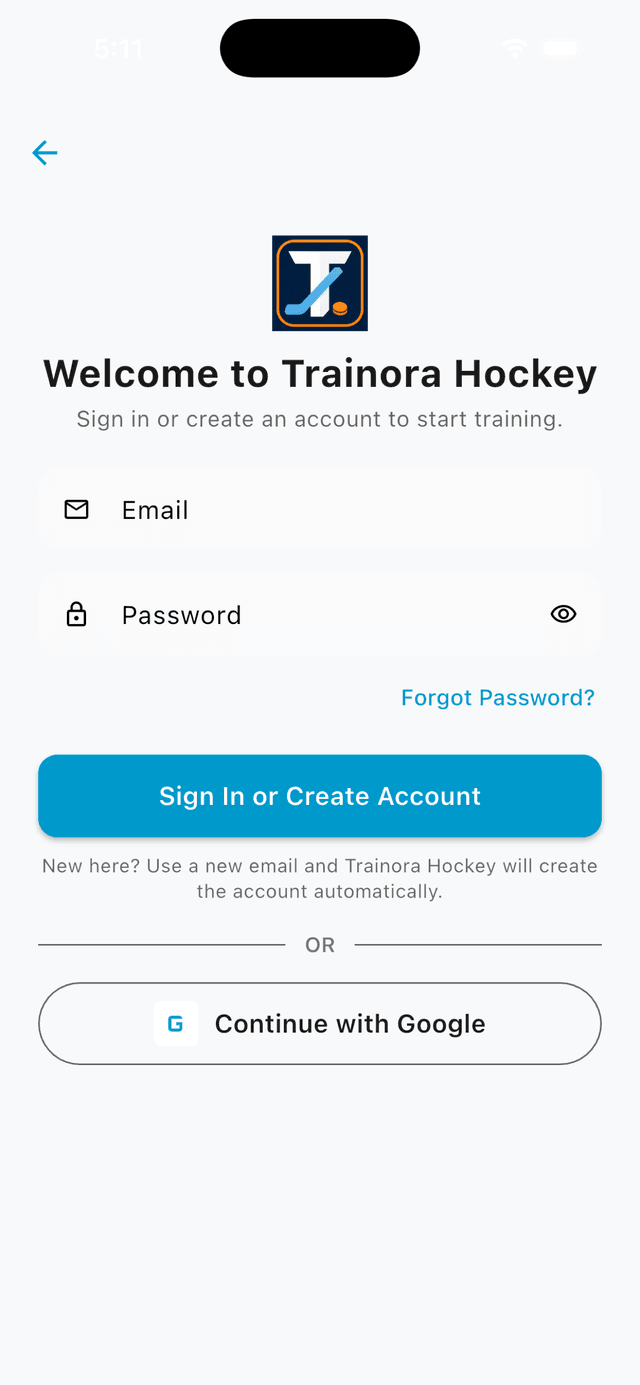 Trainora Hockey welcome and sign in screen