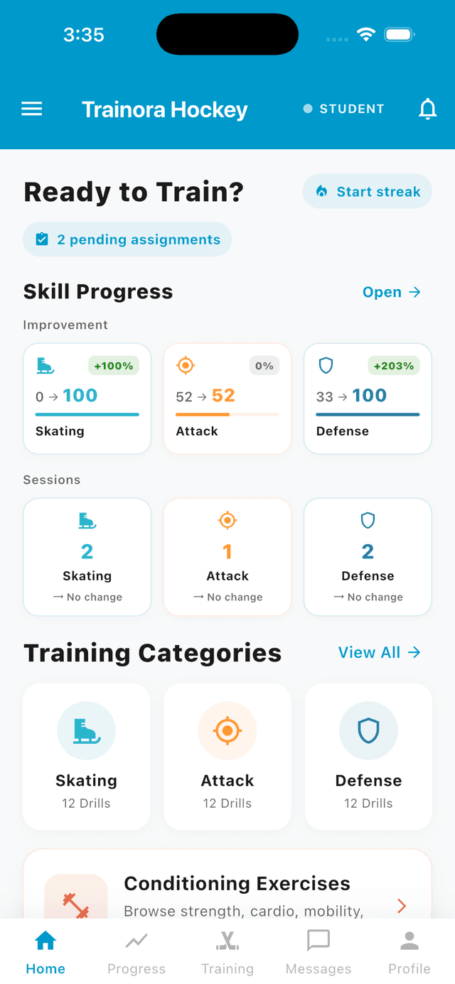 Trainora Hockey home dashboard